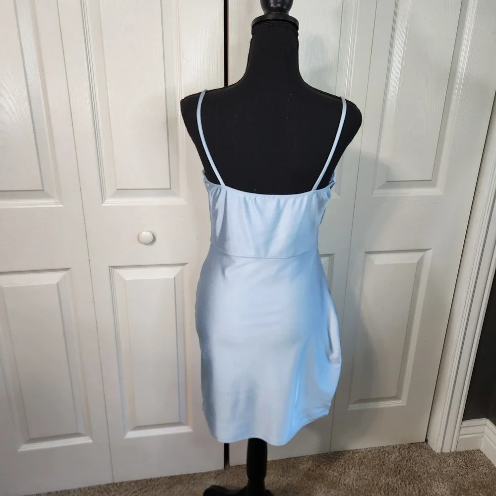 Windsor Light Blue Ruched Satin Cowl Neck Bodycon Mini Dress Large L Stretch